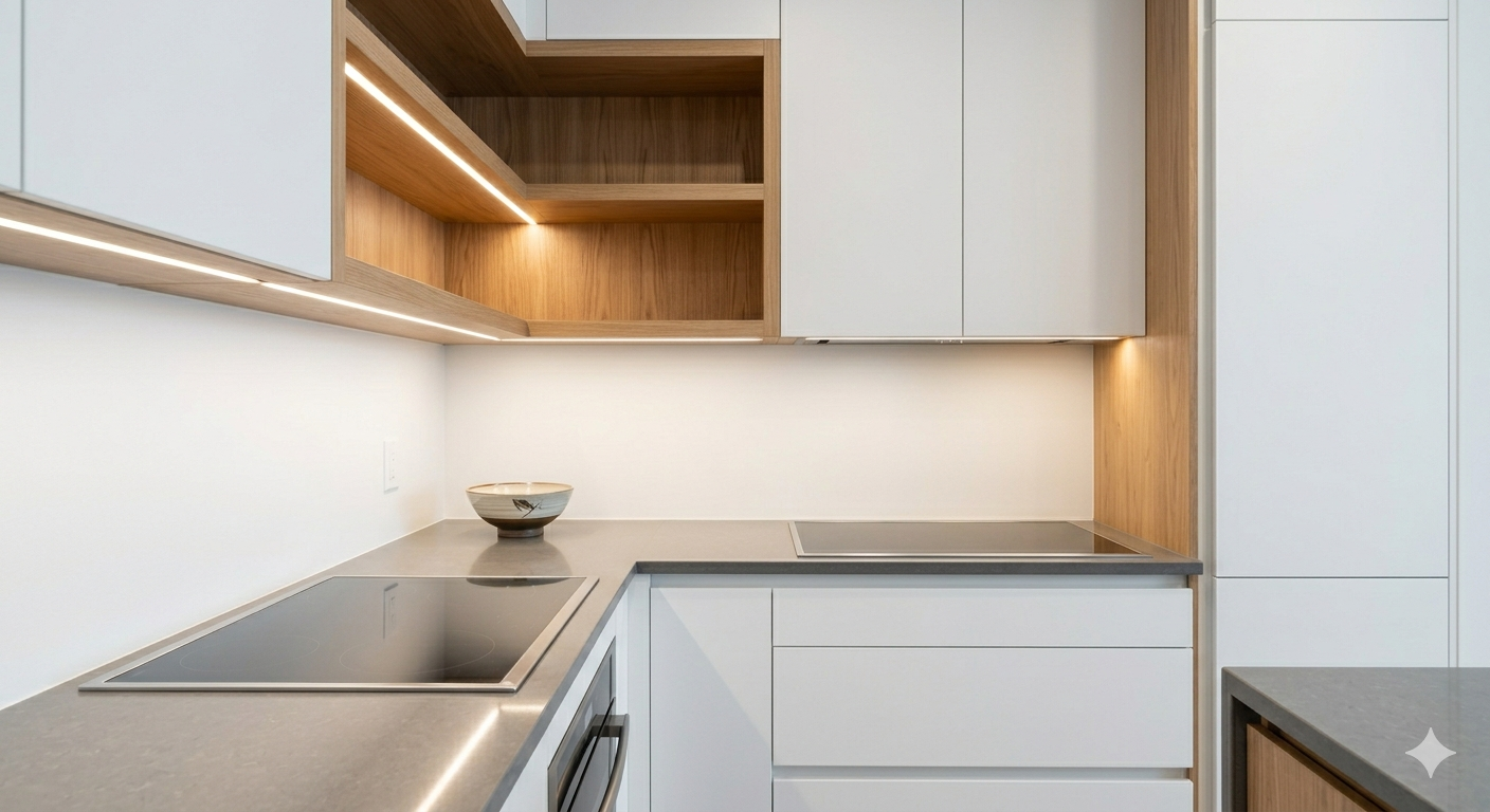 Cozinha planejada com armários modernos e funcionais
