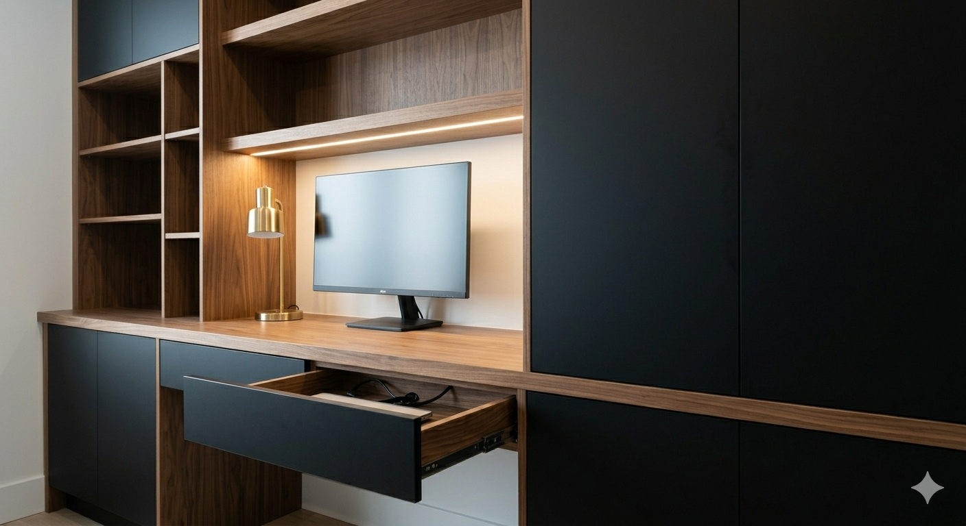 Home office planejado com bancada e nichos organizados